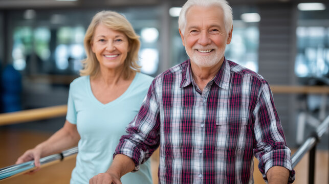 Veteran physical therapist guiding a patient through balance exercises in a rehabilitation gym, parallel bars visible, spring light through tall windows, ideal for veteran healthca