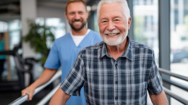 Veteran physical therapist guiding a patient through balance exercises in a rehabilitation gym, parallel bars visible, spring light through tall windows, ideal for veteran healthca