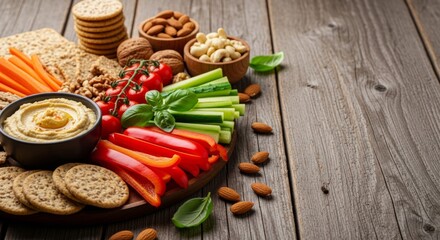 Fototapeta premium Healthy Snacks Platter with Hummus, Vegetables, Nuts and Crackers