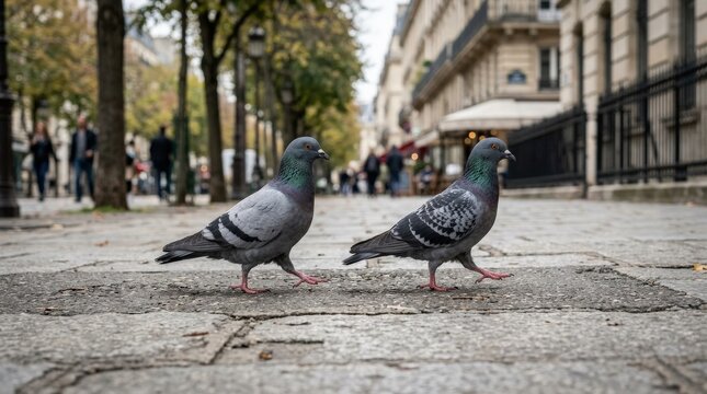 Two pigeons stepping in unison on an outdoor city path, premium stock image, clean marketable composition, refined details, soft natural lighting, realistic textures, balanced depth, polished