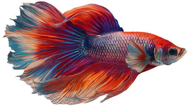Ultra realistic HD colorful Siamese fighting fish with flowing fins, isolated on white background