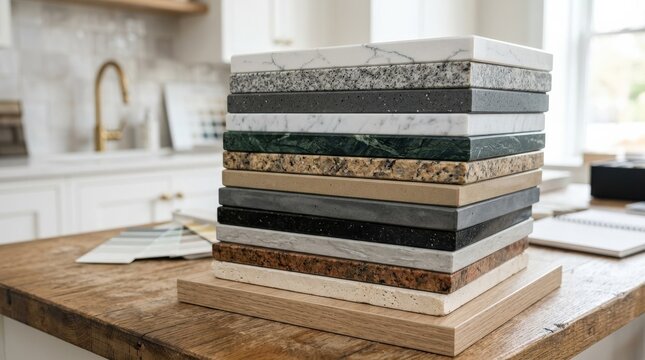Stacked kitchen countertop samples showing diverse color shades, interior renovation and material selection concept for home design, architecture and remodeling marketing, practical layered display