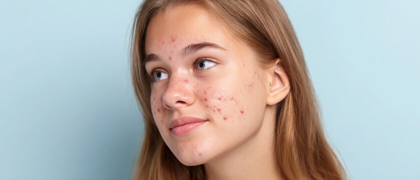Young woman with acne on face looking aside on blue background, skincare issues and natural beauty concept, dermatology treatment and cosmetic care, realistic portrait without retouch