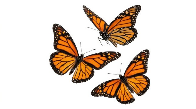 Three vibrant orange butterflies isolated on a clean white background, delicate insect concept for nature, spring branding and decorative design, vivid wing patterns displayed in a simple premium