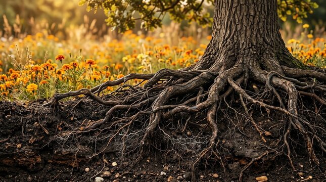 Deep tree roots connected in nutrient rich soil with warm marigold background and bark texture, environmental banner concept for growth, sustainability, agriculture and nature education, layered