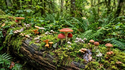Obraz premium Captivating mix of wild mushrooms emerging from moss carpeted log amid rich forest greenery, commercial visual concept, commercial stock scene, balanced composition, soft natural light, realistic