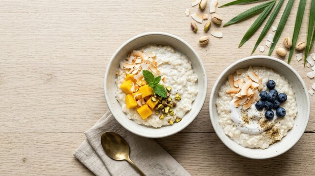 Top angle view of coconut rice pudding bowls with room for text, tropical dessert concept for restaurant menus, wellness branding and food blog layouts, creamy texture and clean overhead arrangement