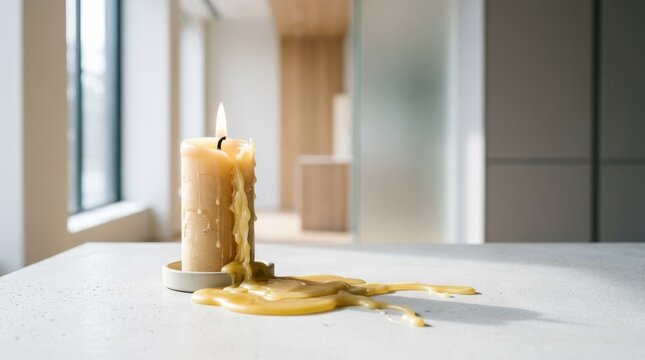 Natural light casting shadows from a candle continuously dripping wax on a bright surface, modern abstract background, commercial backdrop, balanced composition, soft light, realistic detail, crisp