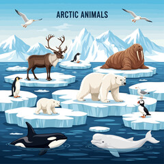 Arctic animals including walrus and polar bear inhabit icy landscapes with sea creatures. © James