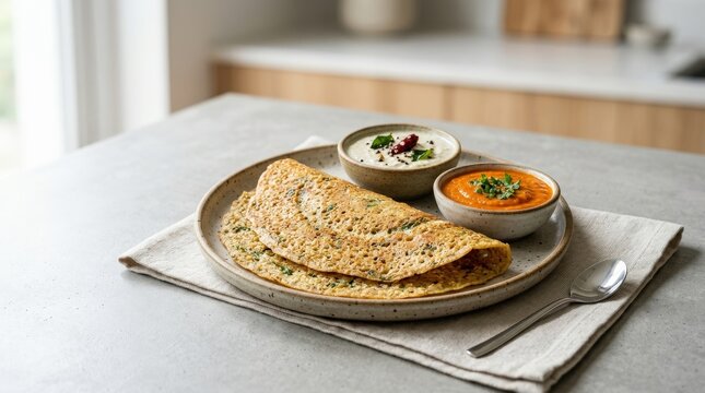Savory oats dosa served with chutney on a clean copy space background, clean commercial background, appetizing food presentation, soft natural light, realistic detail, balanced composition, premium