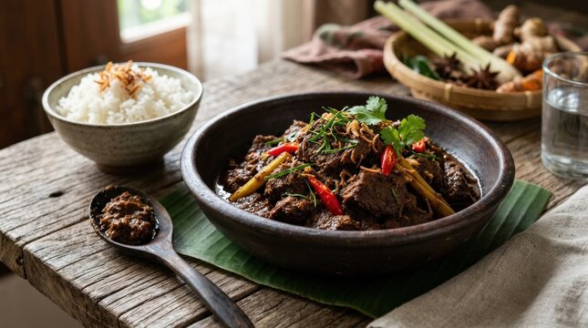 Traditional beef rendang stew cooked with coconut milk and aromatic herbs served in rustic earthenware, appetizing food presentation, fresh ingredient detail, soft natural light, realistic detail,