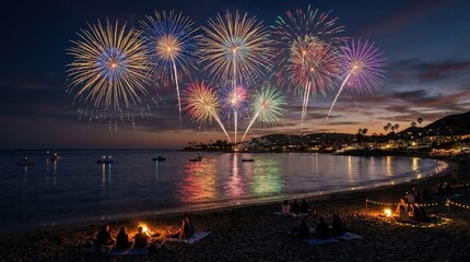 Fototapeta premium Festive fireworks display above a peaceful beach at dusk, celebratory coastal scene for holidays, travel and summer events, colorful bursts, reflective water, balanced composition, glowing evening