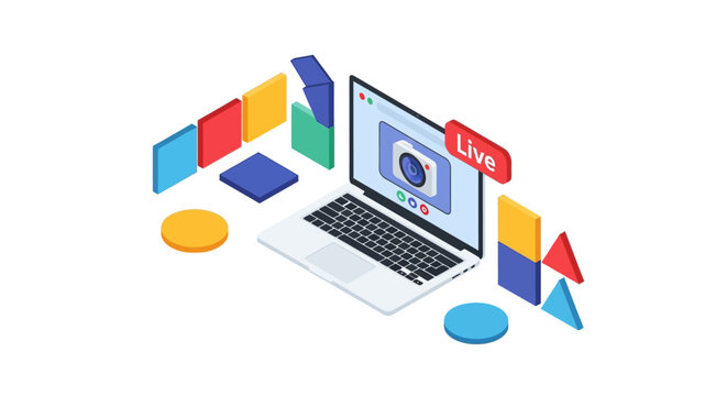 Isometric 3D Laptop Illustration with Live Streaming Interface and Colorful Geometric Elements for Video Content Creation and Online Webinars