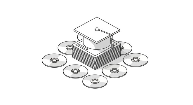 Isometric Line Art Illustration of Graduation Cap on Stacked Digital Discs, E-Learning Concept