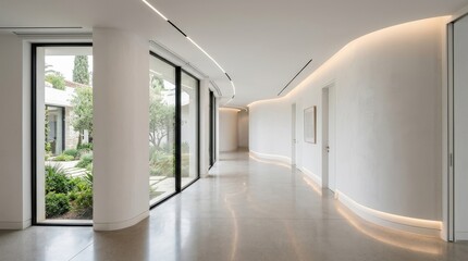 Fototapeta premium Modern white architectural interior with a curved corridor illuminated by light, minimalist design scene for real estate, luxury living and editorial concepts, clean lines, balanced composition, soft