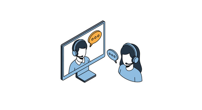 Isometric Vector Illustration of Online Video Calling with People Wearing Headsets and Speech Bubbles
