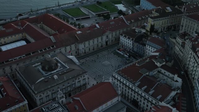 Cinematic Aerial View of Lisbon City Center and Main Squares at Sunset 