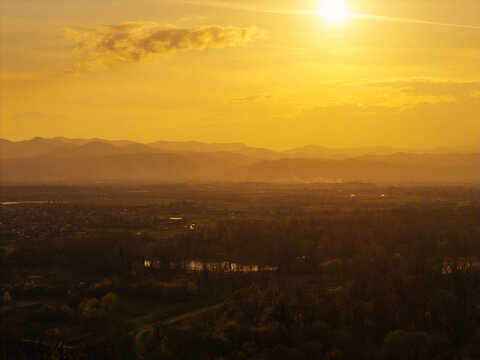 Aerial view of amazing sunset over Zumberak mountains above the town of Samobor, Croatia, photographed from Oresje lake