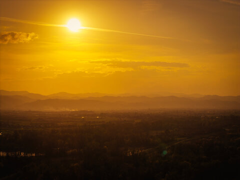 Aerial view of amazing sunset over Zumberak mountains above the town of Samobor, Croatia, photographed from Oresje lake
