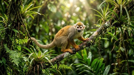 Obraz premium Squirrel monkey in a lush green rainforest canopy with sunbeams, vivid tropical wildlife portrait, expressive face, dense foliage, exotic habitat, vibrant natural conservation scene, clean commercial