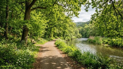 Fototapeta premium Serene riverside path with sunlight through trees in a lush green landscape, inviting walkway, fresh foliage, dappled light, peaceful outdoor escape, relaxing nature setting, leafy summer calm, clean
