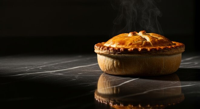 Hot Meat Pie on Marble Countertop with Dramatic Lighting