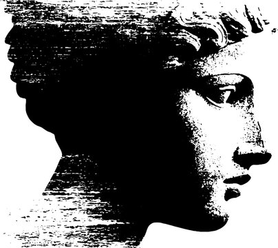 High contrast black and white distressed angel statue head ink drawing with glitch streaks for poster and background design