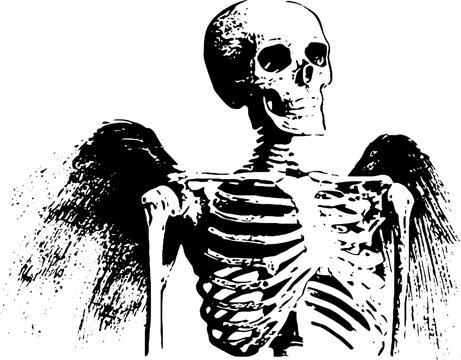 Standing skeleton angel with wings in high contrast black and white for poster, t-shirt and gothic design