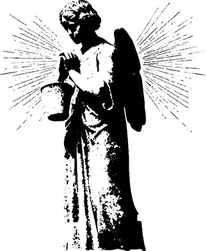 Praying angel statue with sacred rays in high contrast black and white for religious background and memorial poster design
