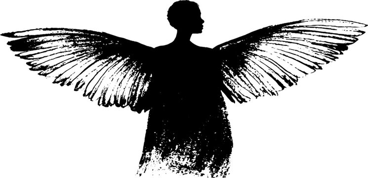 Minimal black and white angel silhouette with wide textured wings for minimalist background poster and modern design
