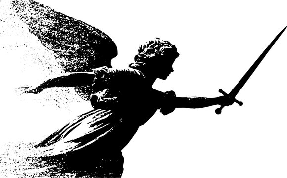Black and white high contrast angel descending with sword silhouette for dramatic poster background banner and action design