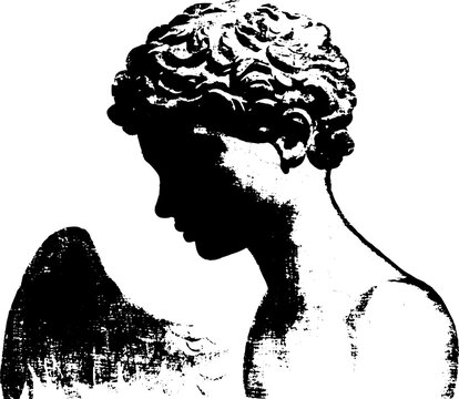 High contrast black and white angel bust silhouette with cracked ink texture for background poster and vintage classical design