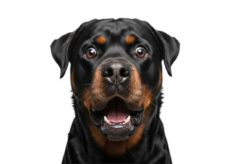 Fototapeta premium adult purebred rottweiler dog, jet black and mahogany tan, extreme close-up on the startled face, wide eyes and open mouth, isolated on transparent studio background. concept for humorous pet