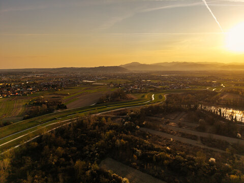 Aerial view of amazing sunset over Zumberak mountains above the town of Samobor, Croatia, photographed from Oresje lake