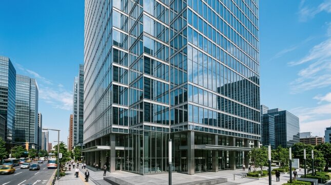 Glass facade of a modern corporate building, reflective architecture with crisp urban geometry and blue sky tones, realistic detail, no logos