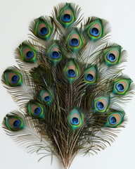 Fototapeta premium Several long peacock feathers are gracefully arranged, each feather displaying a distinctive iridescent eye-shaped pattern.