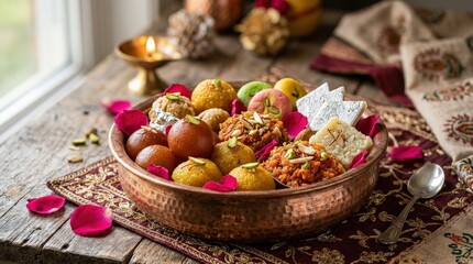 Fototapeta premium Delicious Indian sweets in a copper bowl with rose petals, festive dessert still life rich in detail, commercial stock appeal, balanced composition, soft natural light, realistic texture, crisp focus,