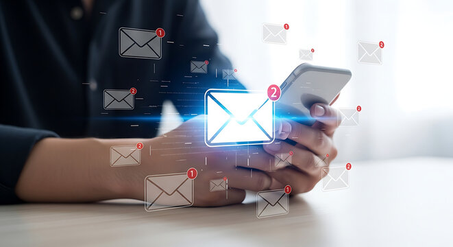 Hands holding smartphone with glowing email icons, symbolizing digital communication, messaging, and notification overload