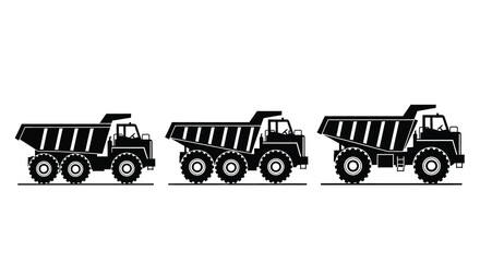 Three heavy duty dump trucks shown in a stark black silhouette © Full