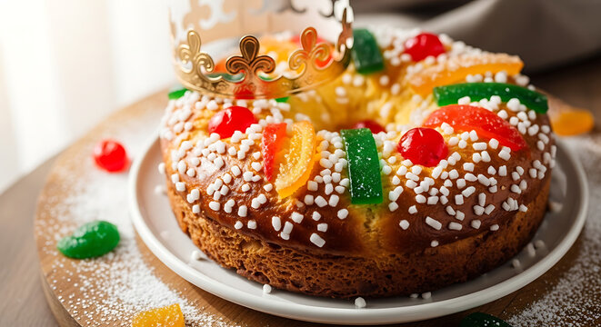 Traditional Rosca de Reyes cake topped with candied fruits and a golden crown, sprinkled with sugar and powdered sugar, dusted on a white plate on a wooden board, festive treat