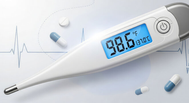 A digital thermometer displays a normal body temperature with pills nearby