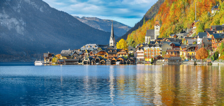 Stunning  view of famous Hallstatt mountain village with Hallstatter lake.