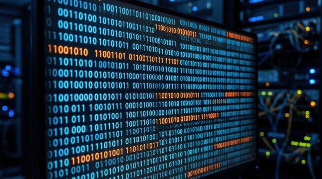 Close up digital display of glowing binary code in blue and orange, technology background, data processing, cybersecurity, programming concept, luminous screen texture, dark modern atmosphere, no