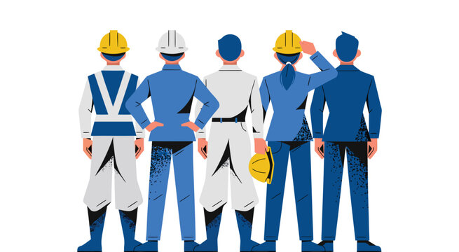 Construction Workers Team Standing Together in Safety Gear Flat Vector Illustration, Vector illustration of the backs of five men and women working at a construction site
