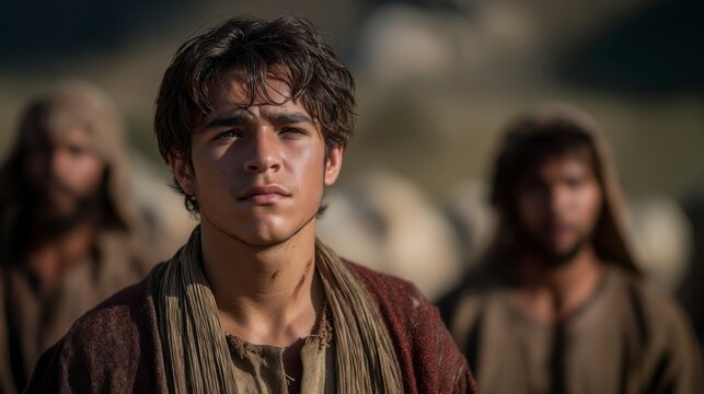 Joseph stands in a multicolored robe among jealous brothers, the bright pasture revealing favor, tension, and the beginning of a testing journey.
