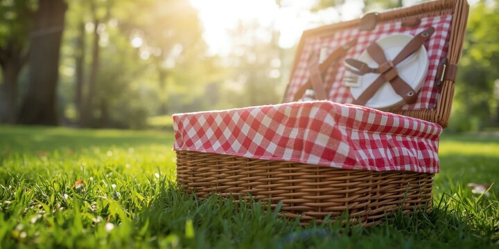 Red checkered picnic basket with wicker pattern on green grass outdoors red checkered cloth