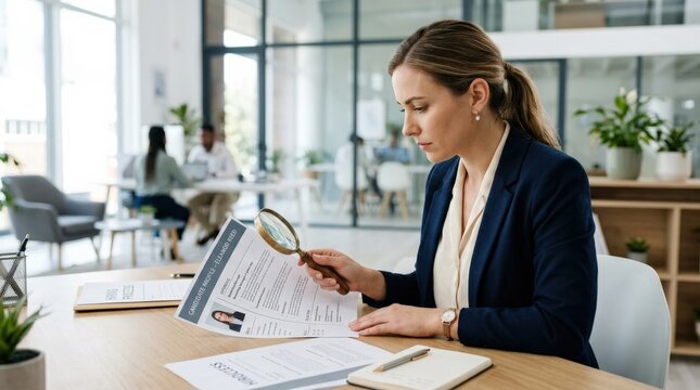 HR professional using magnifying glass to evaluate candidate profile, representing recruitment, talent search, hiring process and employee selection, ideal for modern business, lifestyle and