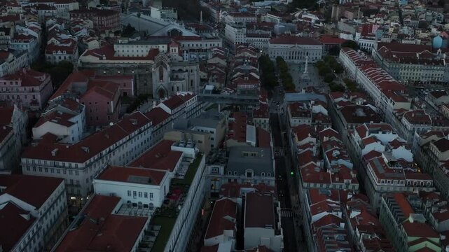 Cinematic Aerial View of Lisbon City Center and Main Squares at Sunset 