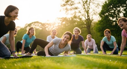 Fototapeta premium Women Doing Yoga Outdoors Smiling Enjoying Fitness Class