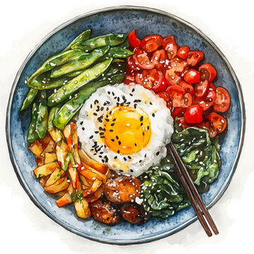 Bibimbap, high quality watercolor, isolated on a white background, vibrant details.